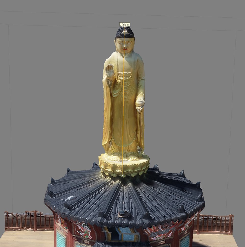 3D 모델에서 불상의 높이(5.25m)를 측정한 화면